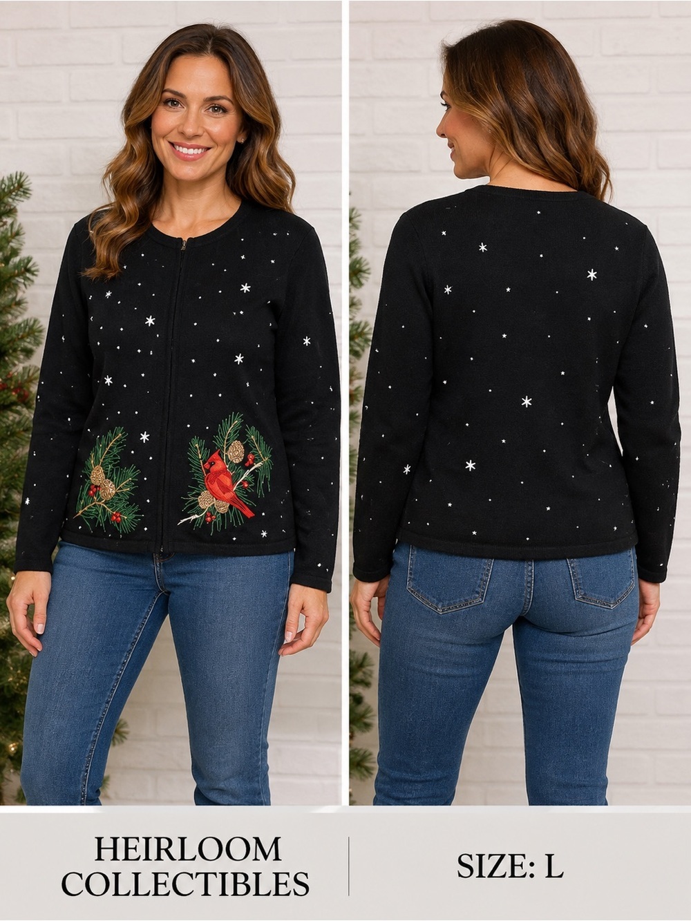 Heirloom Collectibles Christmas Cardinal Embroidered Cardigan Sweater Size L